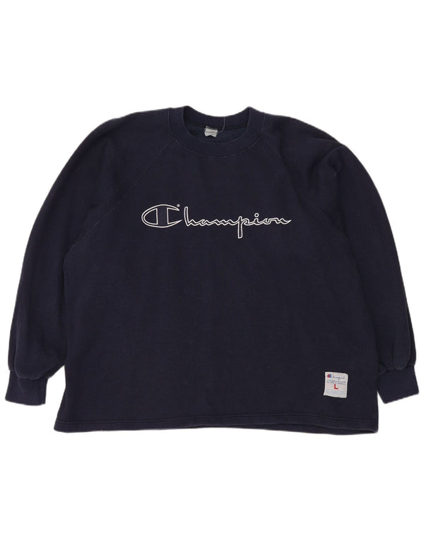 CHAMPION Dame Oversized Grafisk Sweatshirt Jumper UK 16 Large Navy Blue