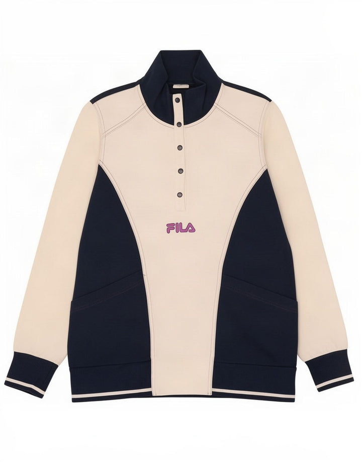 Fila Womens Button Neck Sweatshirt Jumper UK 8 Small Navy Blue Colourblock