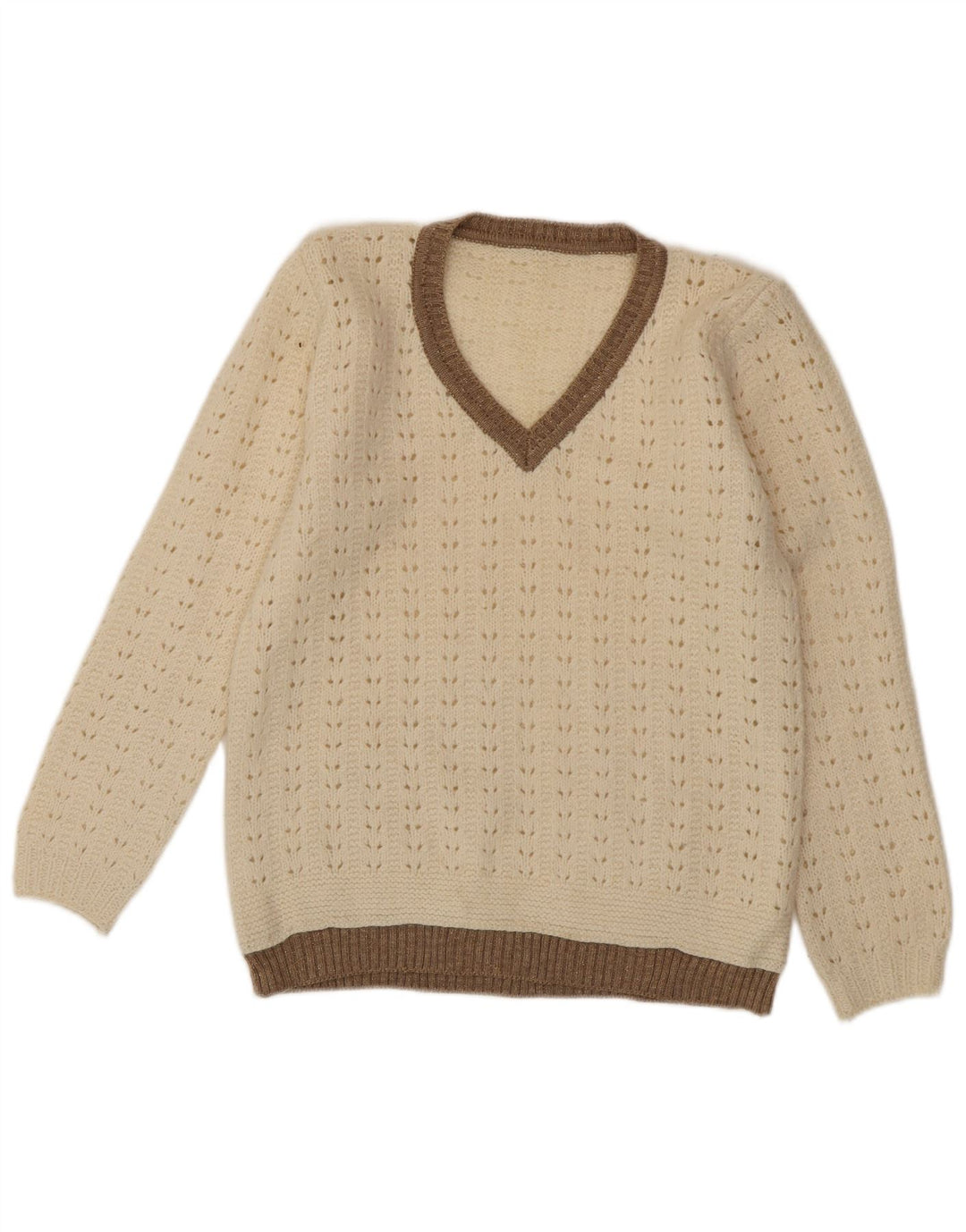 VINTAGE Womens V-Neck Jumper Sweater UK 12 Medium Off White