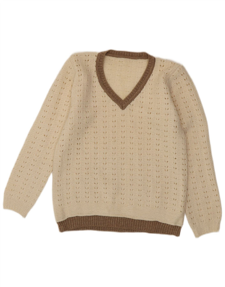 VINTAGE Womens V-Neck Jumper Sweater UK 12 Medium Off White