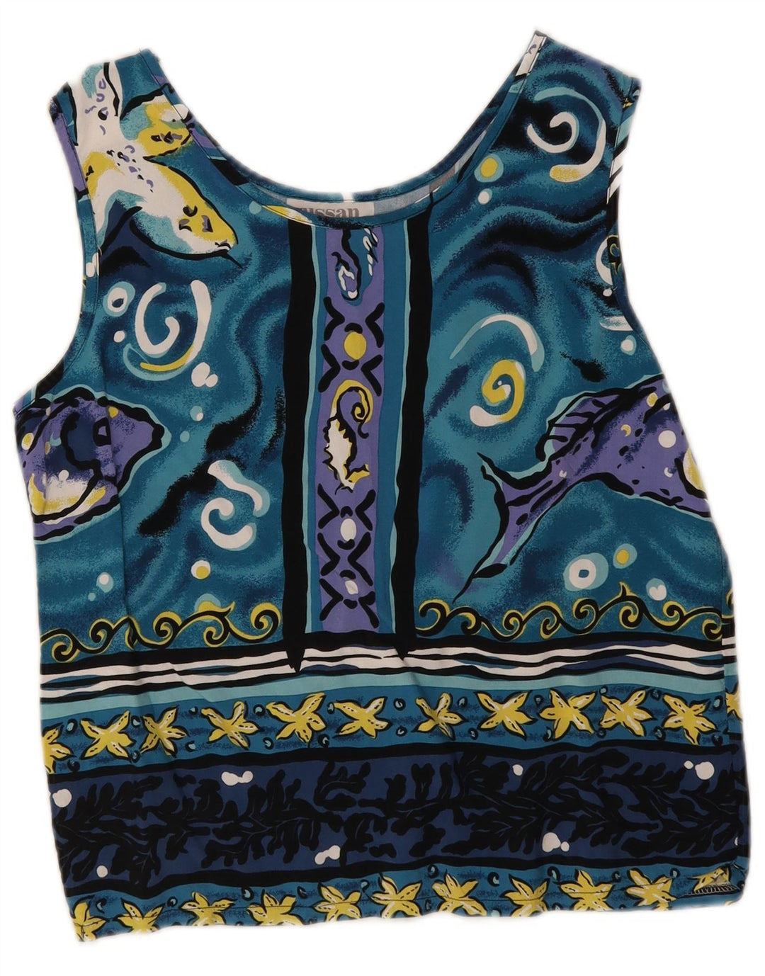 Vintage kvinders beskæring abstrakt mønster bluse Top UK 12 Medium Blue