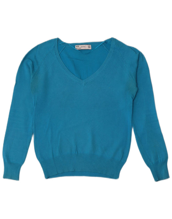 Zara Womens Crop V-hals sweater UK 10 Small Blue Cotton