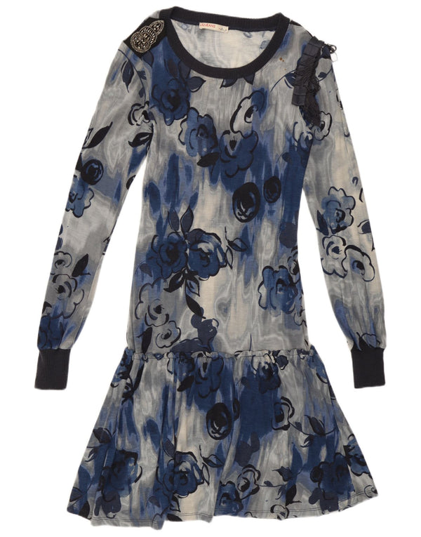 Liu Jo Dame Langærmet Drop Waist Dress UK 12 Medium Blue Floral Viscose