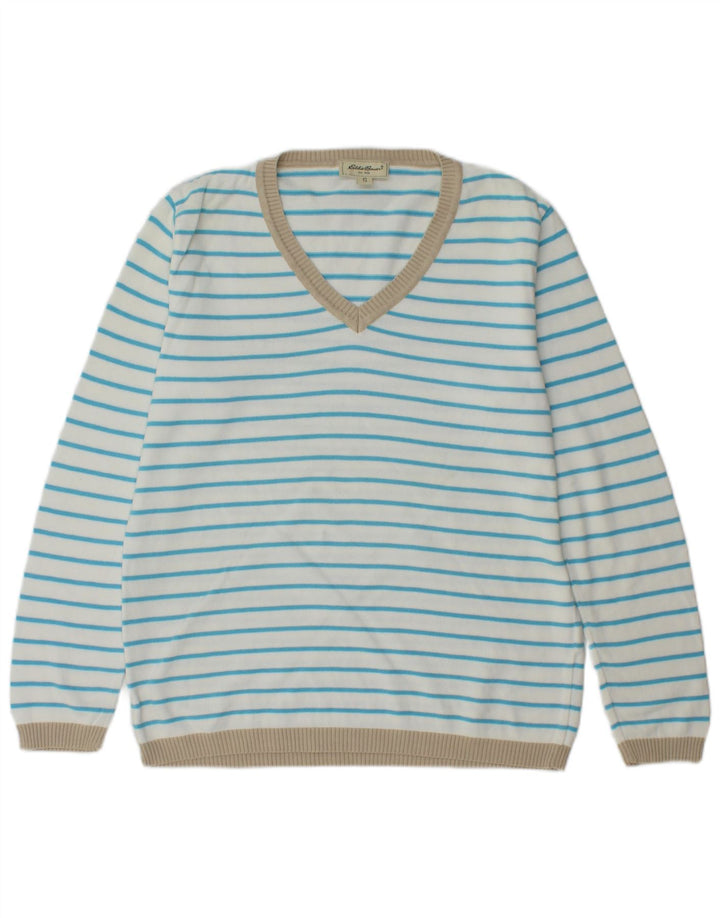 EDDIE BAUER Womens V-Neck Jumper Sweater UK 10 Small White Striped