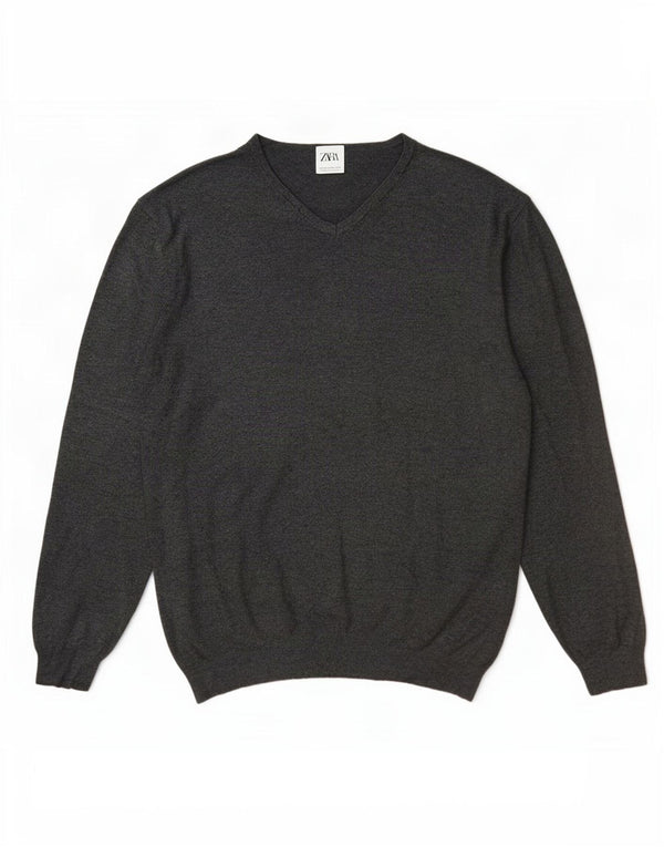 Zara Mens V-Neck Jumper Sweater 2XL Grey Viscose