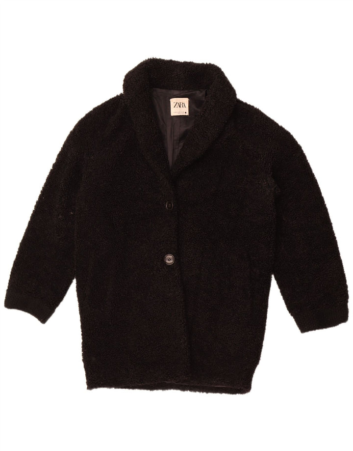 Zara Dame Fleece Oversized Overfrakke UK 6 XS Sort Polyester