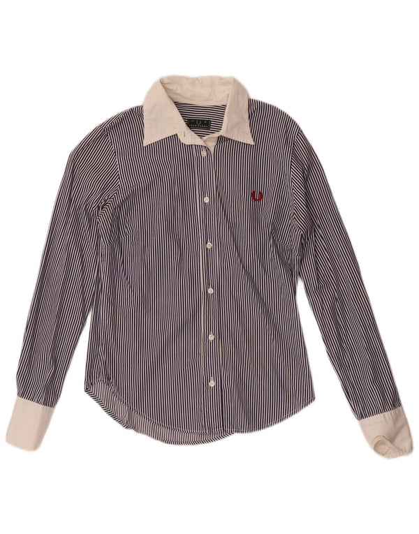 Fred Perry Womens Shirt UK 10 Small Navy Blue Pinstripe Cotton