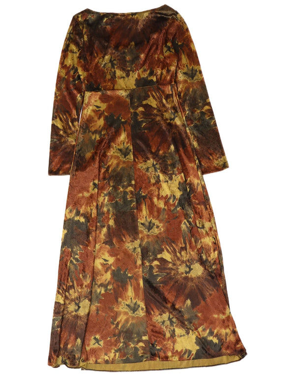 Vintage Dame Langærmet Velour Maxi Kjole UK 12 Medium Brun Tie Dye