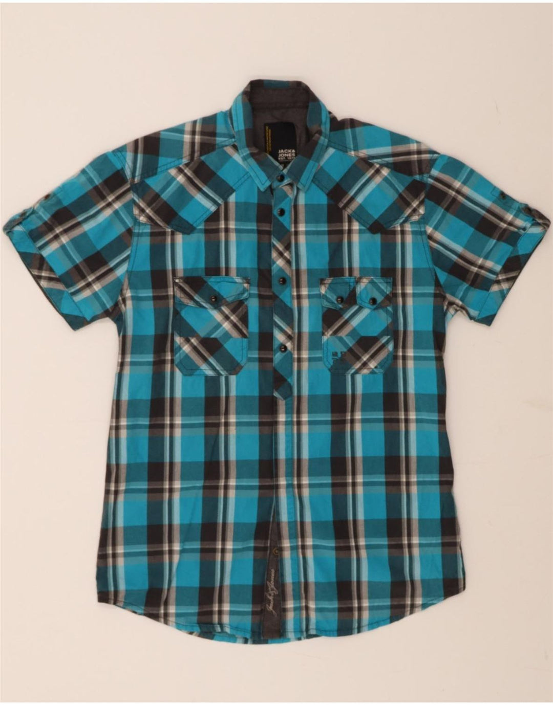 JACK & JONES Mens Graphic Short Sleeve Shirt Medium Blue Check Cotton Vintage Jack & Jones and Second-Hand Jack & Jones from Messina Hembry 