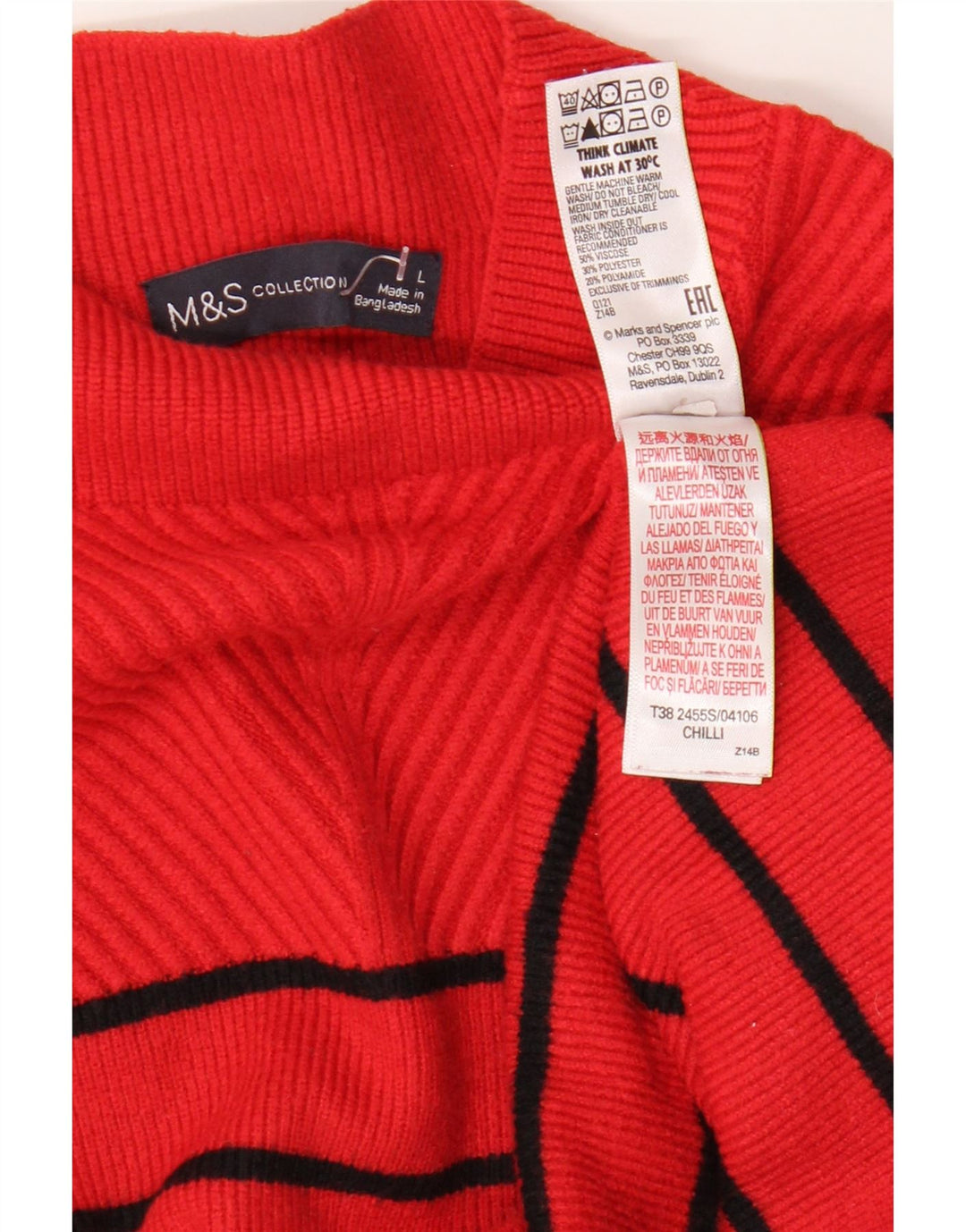 Marks & Spencer Dame Turtle Neck Jumper Sweater UK 16 Stor rød stribet