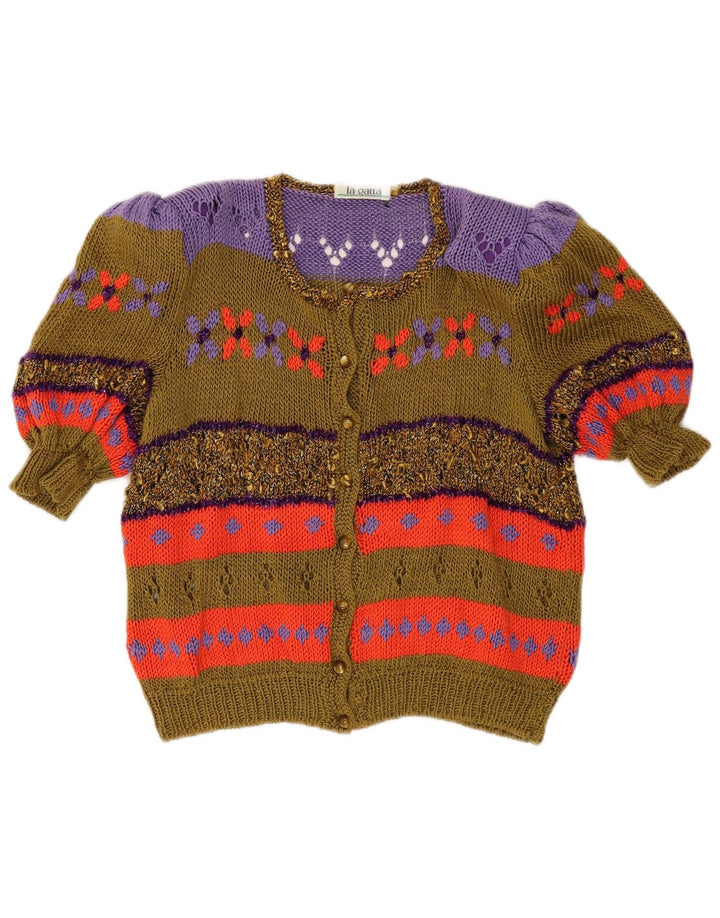 Vintage kortærmet cardigan sweater til kvinder UK 14 Medium Khaki Colourblock