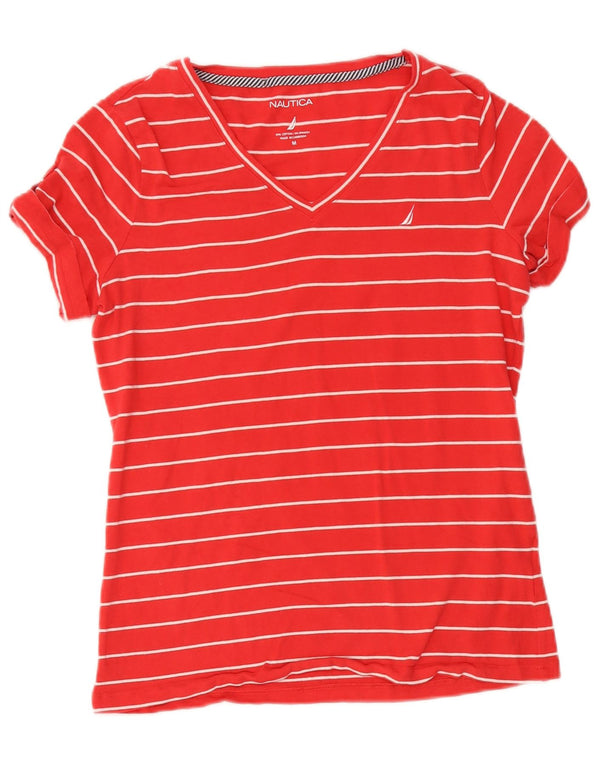Nautica Dame T-Shirt Top UK 14 Medium Rød Stribet Bomuld