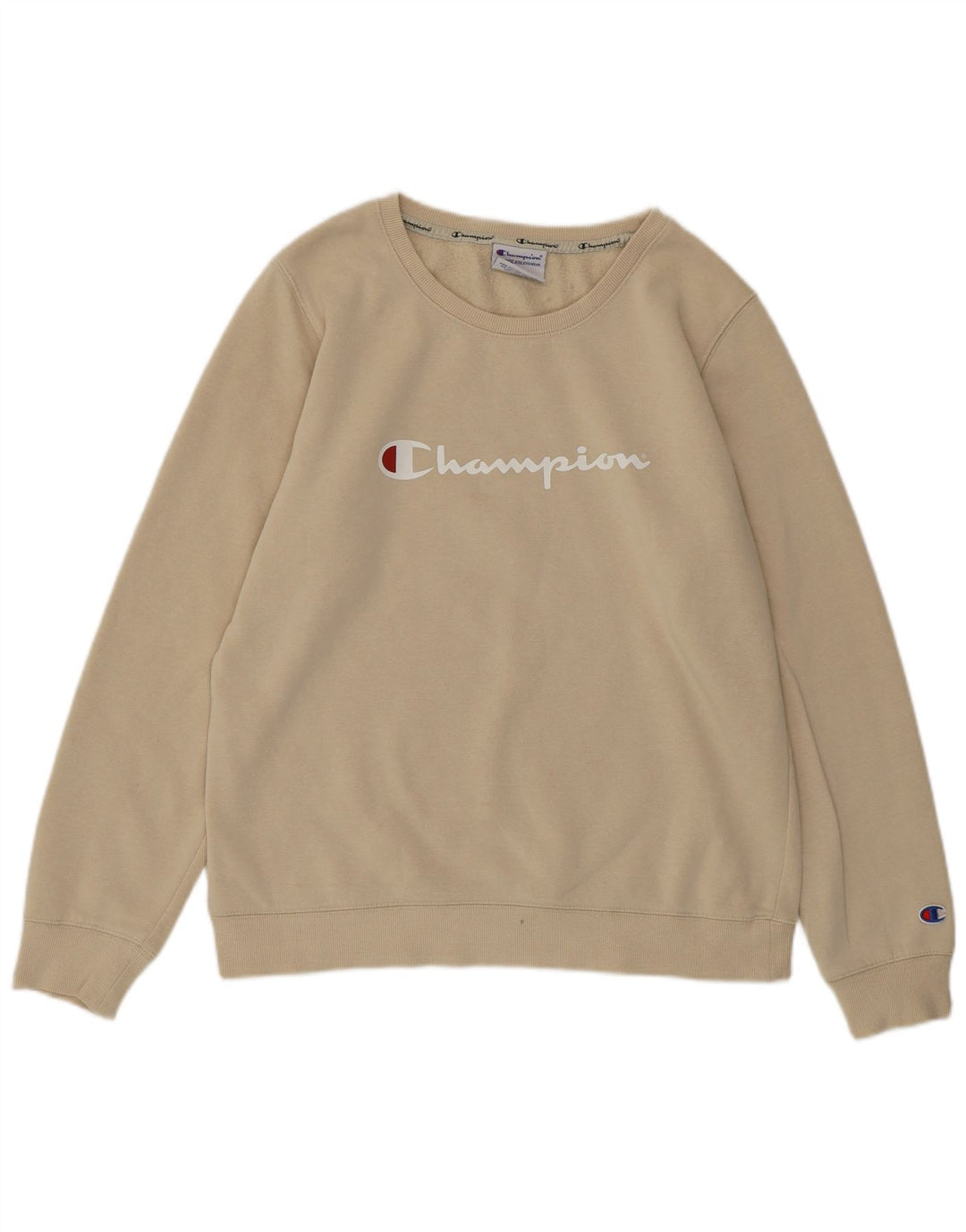 CHAMPION Dame Grafisk Sweatshirt Jumper UK 16 Stor Beige Bomuld
