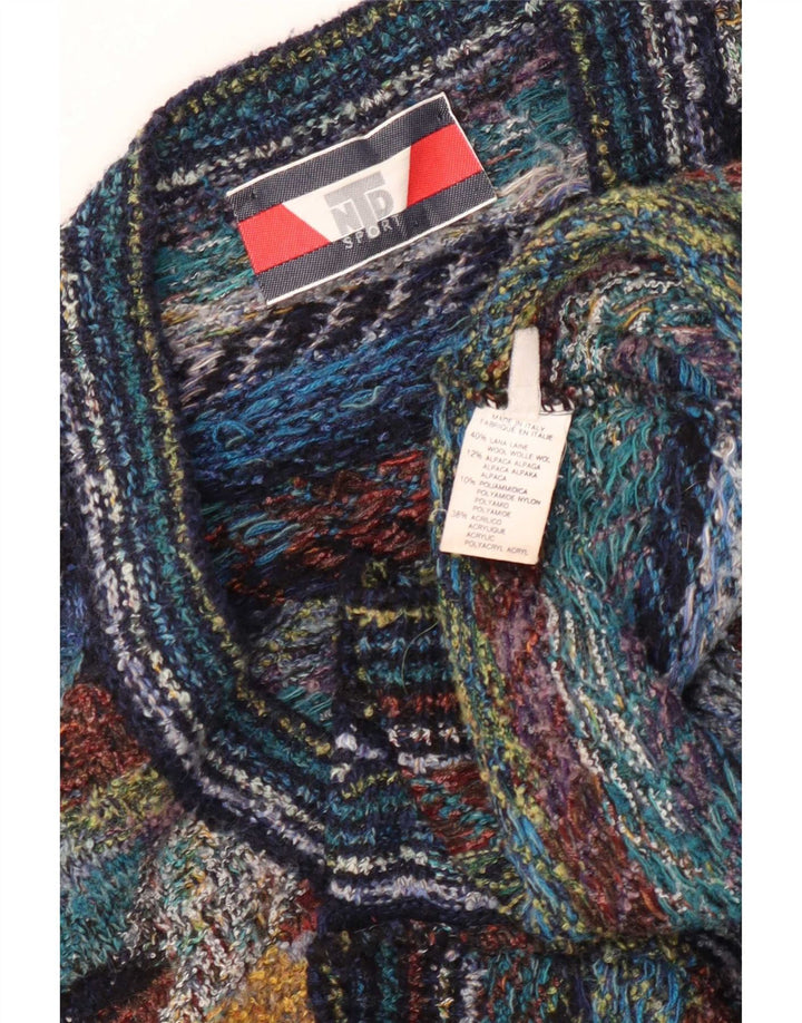 Vintage herre ærmeløs cardigan sweater XL flerfarvet geometrisk uld