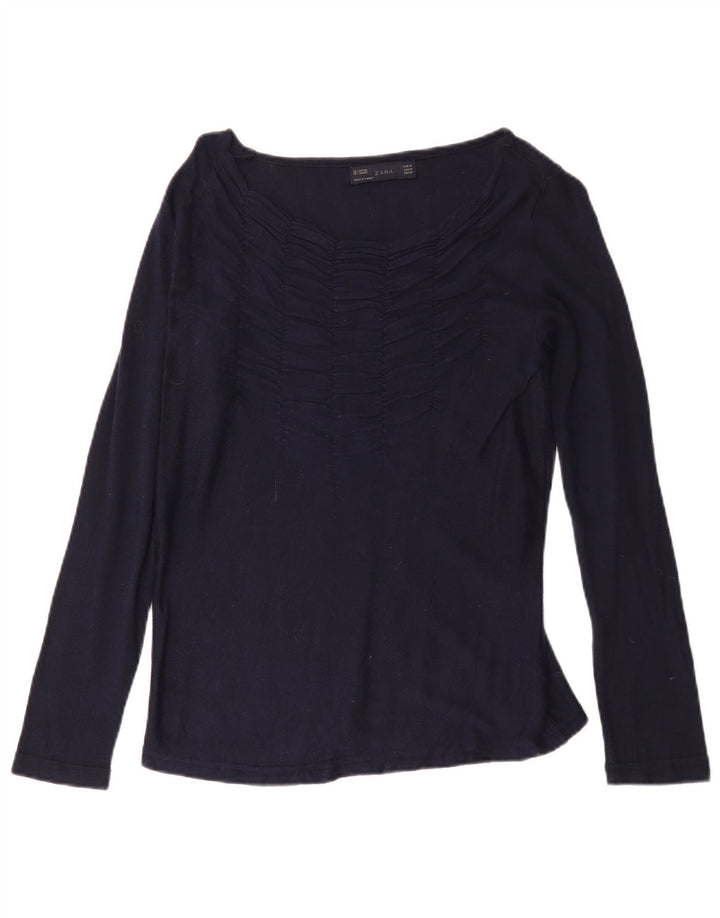 Zara Dame Top Langærmet UK 12 Medium Navy Blue Bomuld