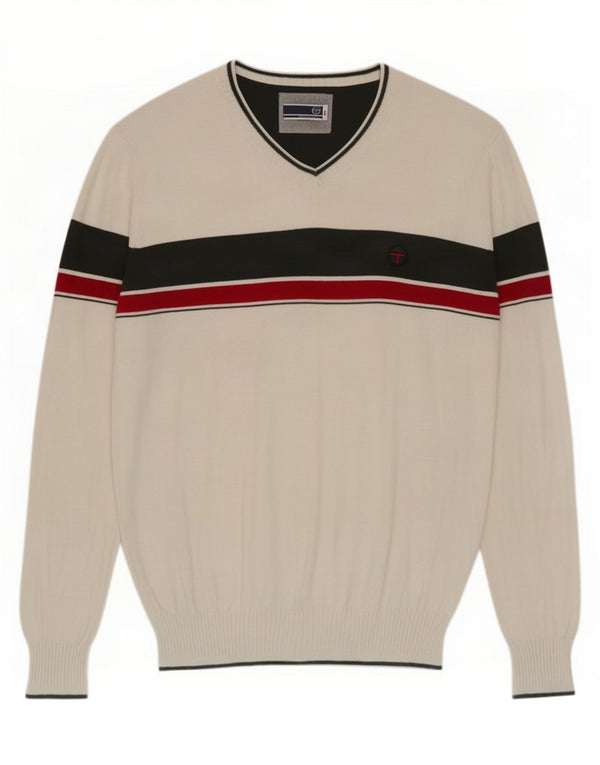 Sergio Tacchini Mens V-Neck Jumper Sweater 2XL White Colourblock Cotton