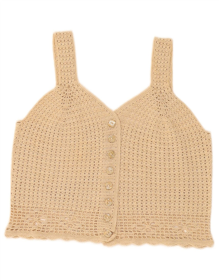 Vintage Womens Crop Bluse Top UK 8 Small Beige