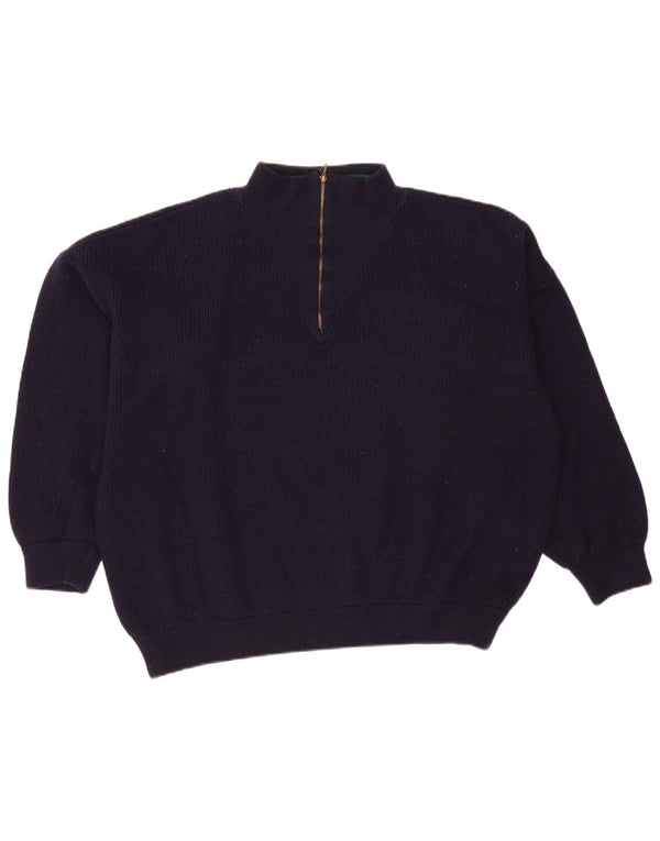 Vintage Womens Oversized Zip Neck Jumper Sweater UK 16 Large Navy Blue Wool
