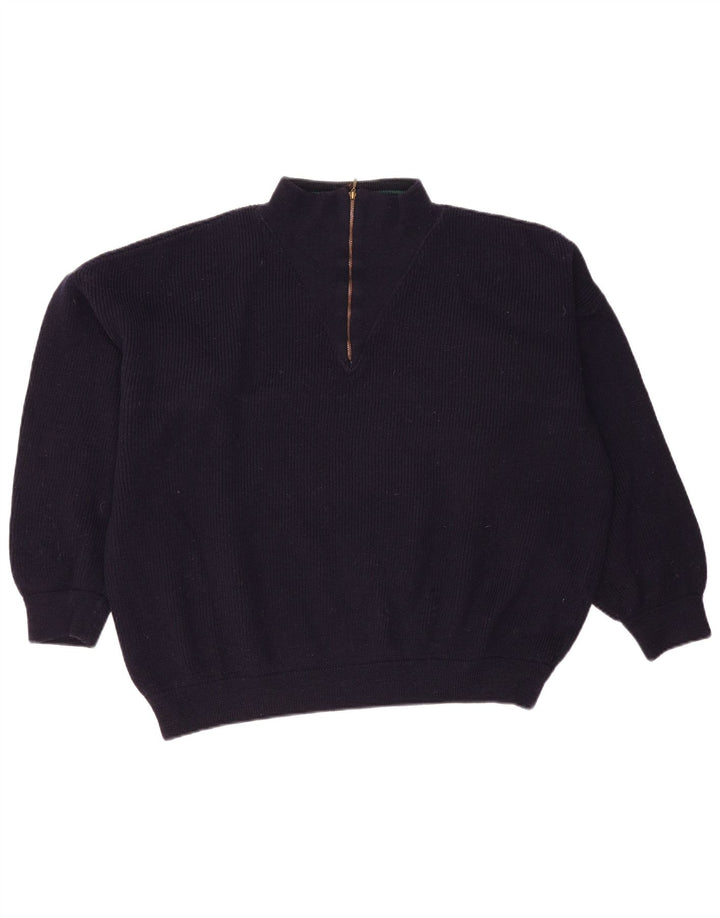 Vintage Dame Oversized Zip Neck Jumper Sweater UK 16 Large Navy Blue Wool