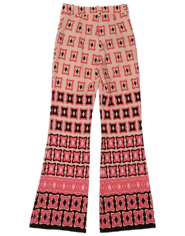 Zara Dame Højtaljede Flare Casual Bukser XS W24 L33 Pink Geometric