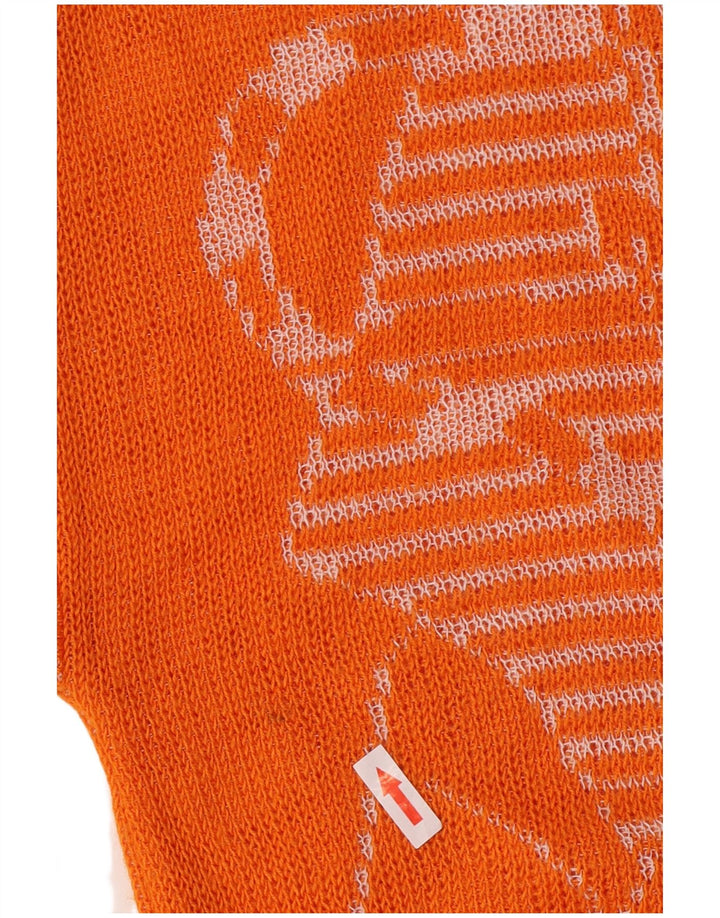 Vintage kvinders grafisk rund hals sweater UK 12 medium orange akryl