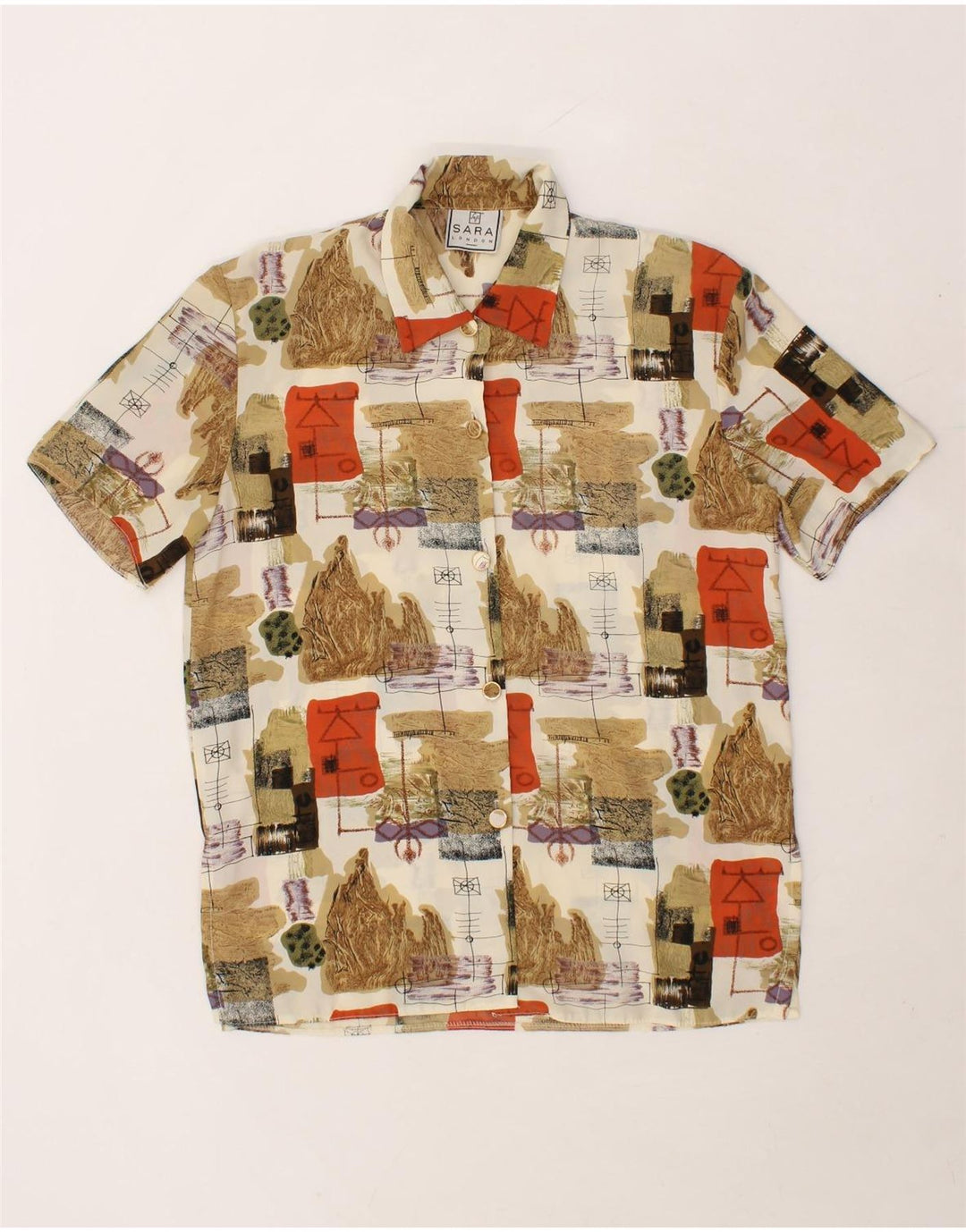 VINTAGE Womens Short Sleeve Shirt Blouse UK 18 XL Beige Patchwork Vintage Vintage and Second-Hand Vintage from Messina Hembry 