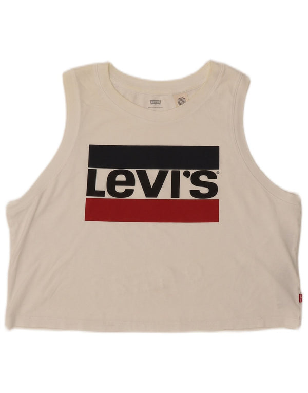 LEVI'S Womens Crop Grafisk Vest Top UK 16 Large Off White Bomuld