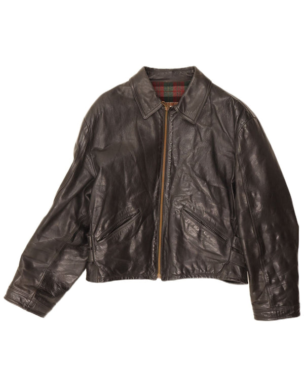 Vintage Dame Crop Læderjakke IT 52 2XL Sort Læder