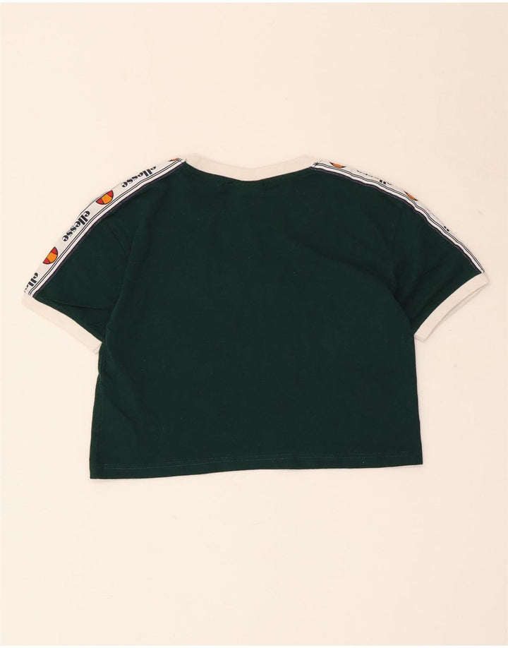 ELLESSE Dame Crop Grafisk T-Shirt Top UK 4 XS Grøn Bomuld