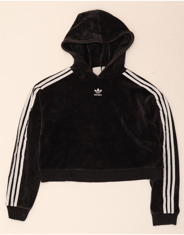 Adidas Dame Oversized Crop Velvet Hoodie Jumper UK 4 XS Sort Bomuld