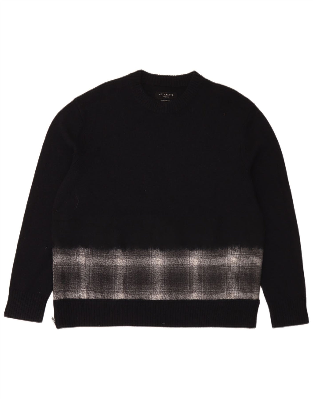 All Saints Herre Oversized Crew Neck sweater Medium Navy Blue Check