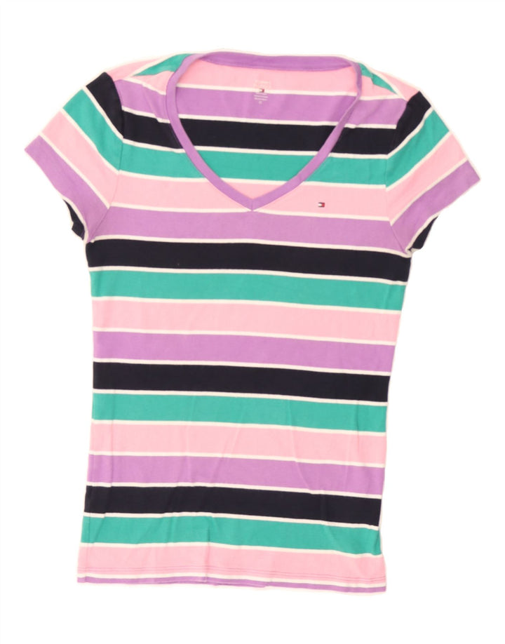 TOMMY HILFIGER Womens T-Shirt Top UK 12 Medium Multicoloured Striped Vintage Tommy Hilfiger and Second-Hand Tommy Hilfiger from Messina Hembry 