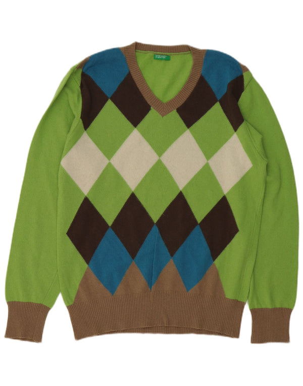 BENETTON Herre V-hals sweater Stor Grøn Argyle/Diamant Wool