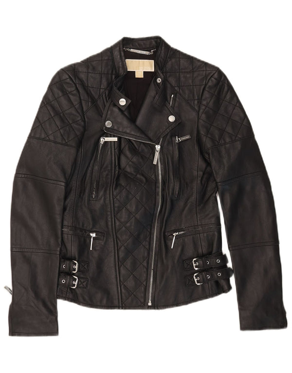 Michael Kors Womens Crop Leather Biker Jacket UK 2 2XS Black Leather