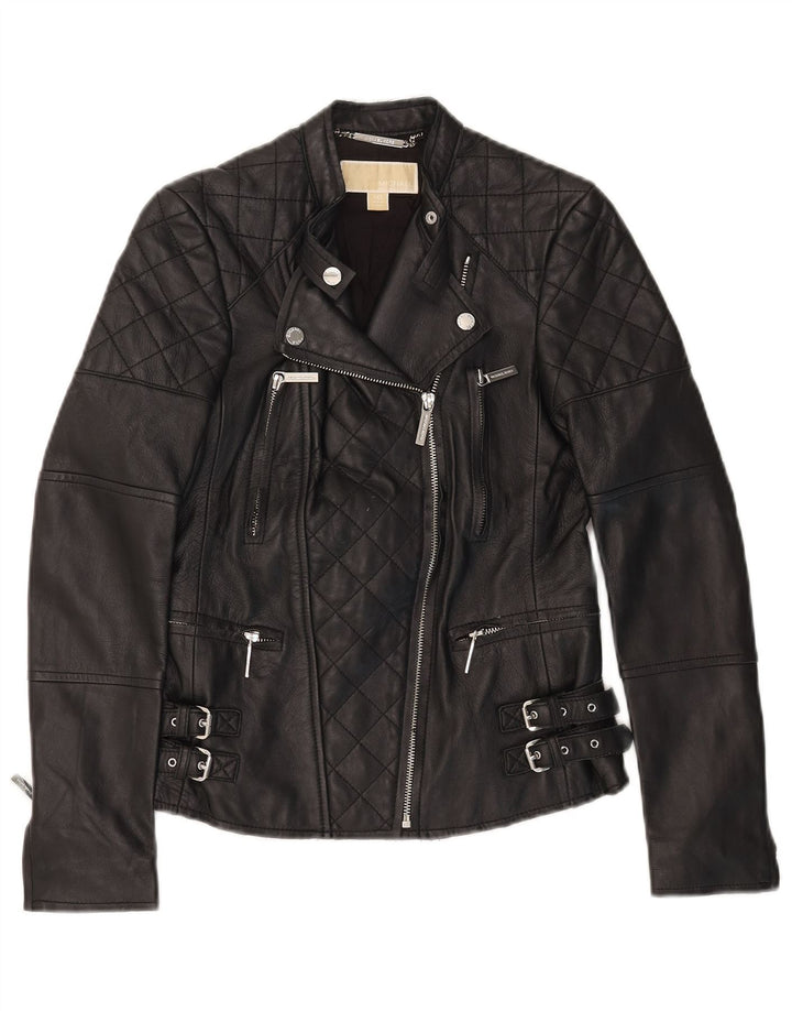 Michael Kors Dame Crop Læder Biker Jacket UK 2 2XS Sort Læder