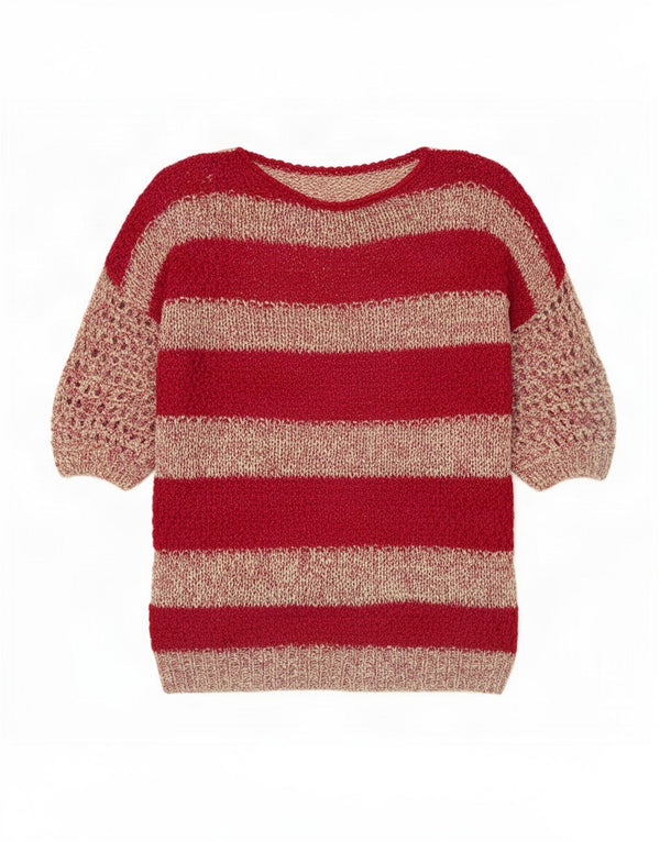 Vintage kvinders se gennem rund hals sweater UK 16 store rød stribet
