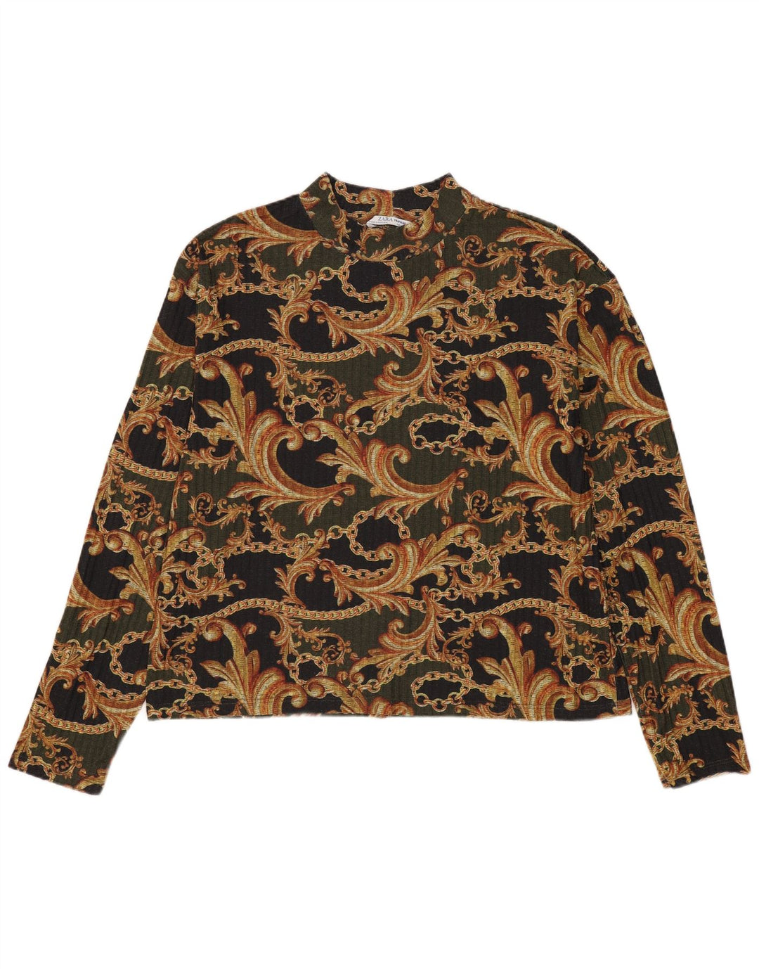 Zara Dame Langærmet Bluse Top UK 14 Medium Khaki Paisley Polyester