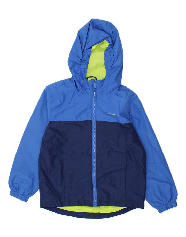 EDDIE BAUER Boys Hooded Rain Jacket 7-8 Years Small Blue Colourblock Vintage Eddie Bauer and Second-Hand Eddie Bauer from Messina Hembry 