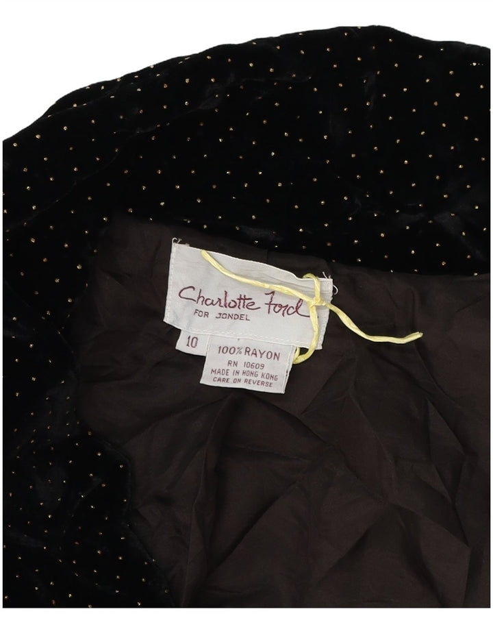 Vintage Dame Oversized Velvet Bomber Jacket UK 10 Small Black Spotted