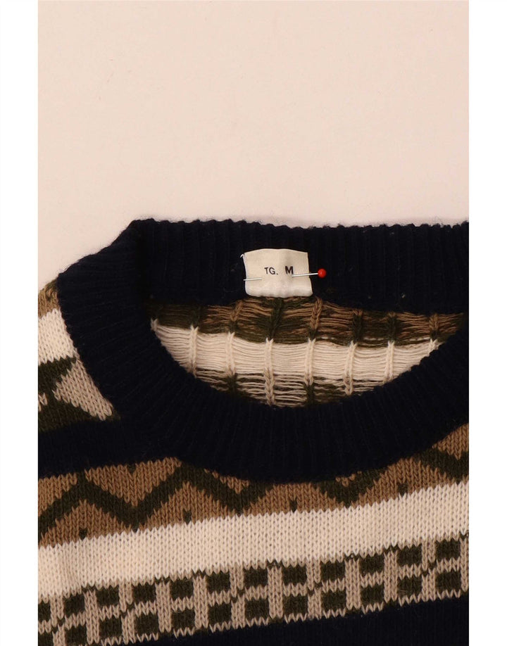 Vintage Herre Boat Neck Jumper Sweater Medium Flerfarvet Geometrisk