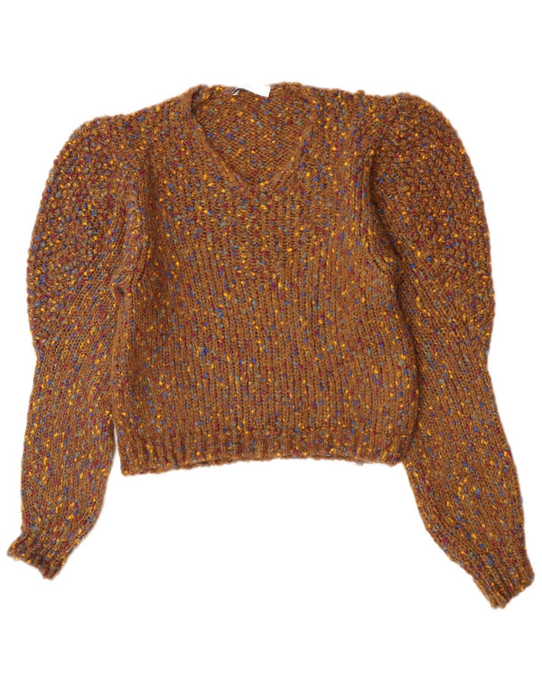 Zara Dame V-hals sweater UK 14 Medium Brown Flecked Acryl
