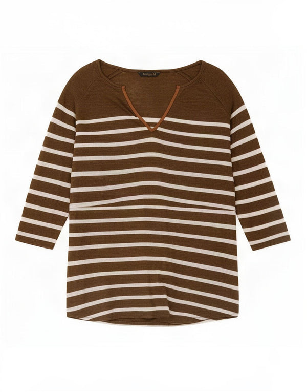 Massimo Dutti Dame Top 3/4 ærme UK 16 Stor Khaki Stribet