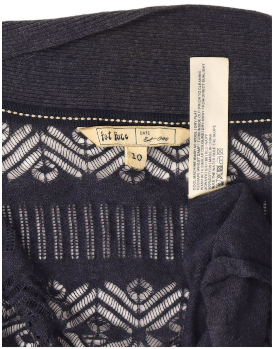 Fat Face Dame Asymmetrisk Cardigan Sweater UK 10 Small Navy Blue Bomuld