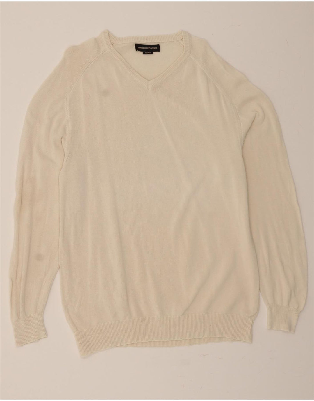 MARLBORO CLASSICS Mens V-Neck Jumper Sweater XL Off White Cotton Vintage Marlboro Classics and Second-Hand Marlboro Classics from Messina Hembry 