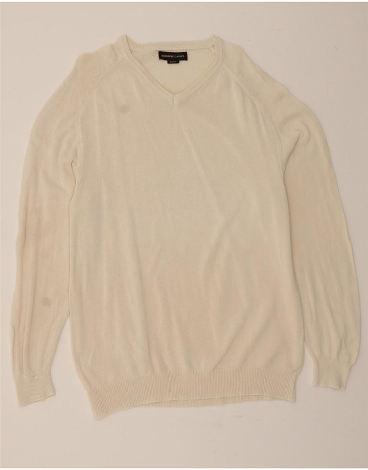 MARLBORO CLASSICS Mens V-Neck Jumper Sweater XL Off White Cotton Vintage Marlboro Classics and Second-Hand Marlboro Classics from Messina Hembry 