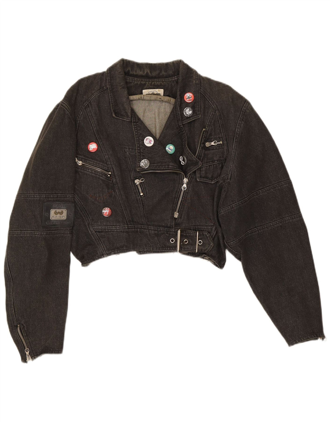 Vintage Dame Oversized Crop Denim Biker Jacket UK 14 Medium Sort Bomuld