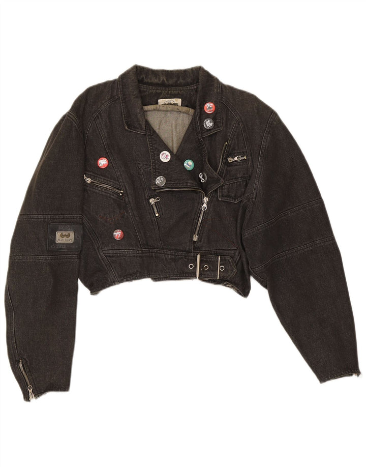 Vintage Dame Oversized Crop Denim Biker Jacket UK 14 Medium Sort Bomuld