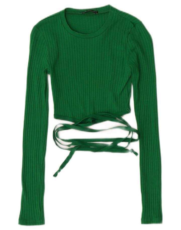 Zara Womens Crop Top Langærmet UK 8 Lille grøn bomuld