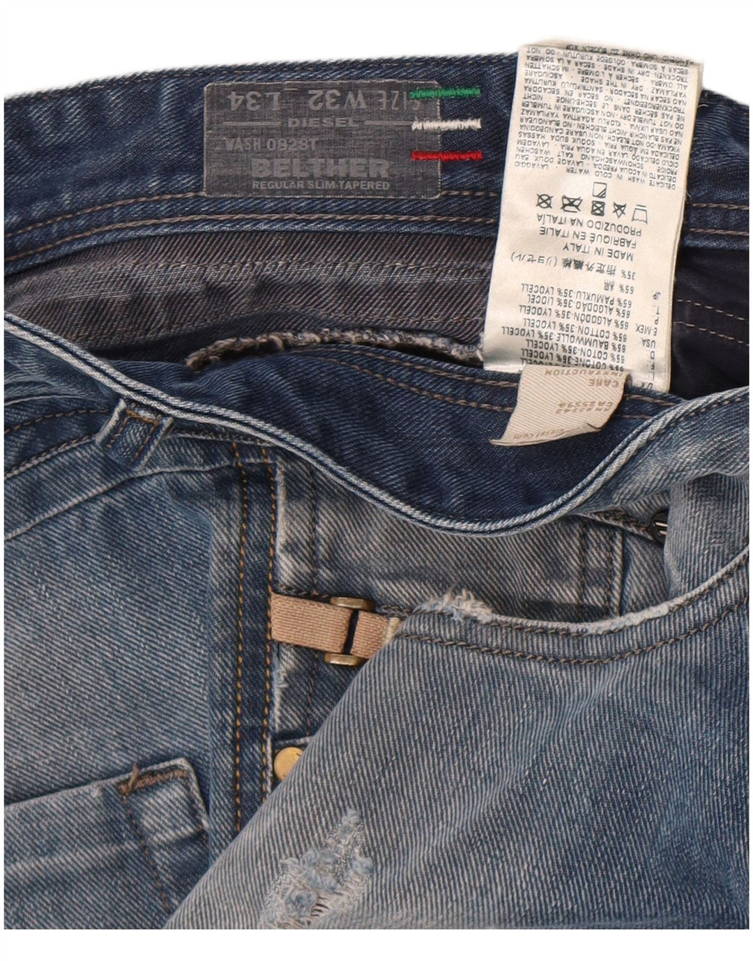 Diesel Herre Belther Distressed Straight Jeans W32 L34 Blå Bomuld