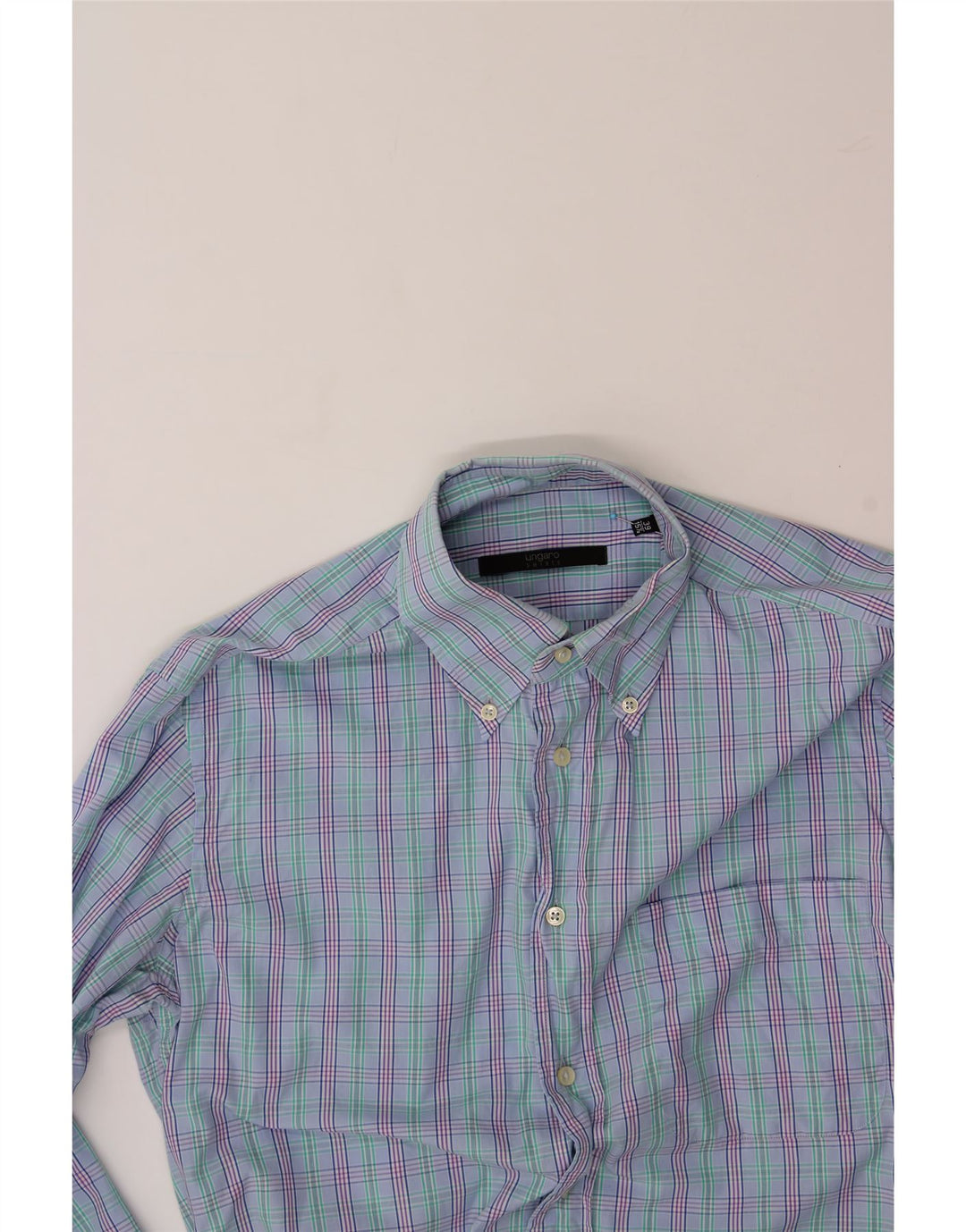 UNGARO Mens Shirt Size 39 15 1/2 Medium Blue Check Cotton Vintage Ungaro and Second-Hand Ungaro from Messina Hembry 